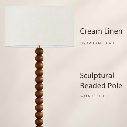 Buruis 60.6 Inch Beaded Walnut Wood Floor Lamp with Linen Shade, Cream