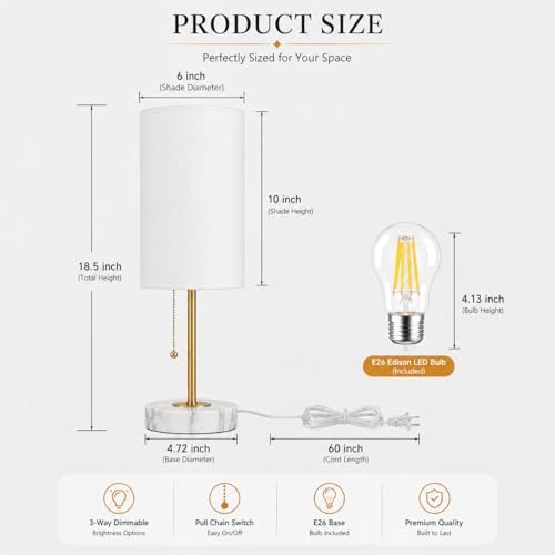 JUNNAI Table Lamps Set of 2, Gold Bedside Lamps, 3 Way Dimmable Nightstand La...
