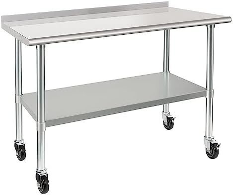 HARDURA Stainless Steel Table with Wheels 24X48 Inches, 2" Backsplash