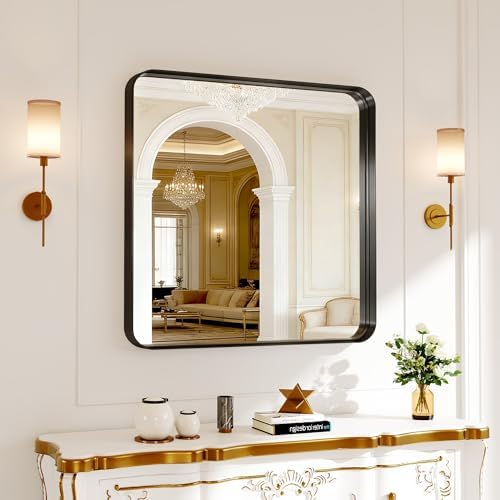 Bathroom Mirror for Wall, 30 Inch Square Mirror, Matte Black Metal Framed