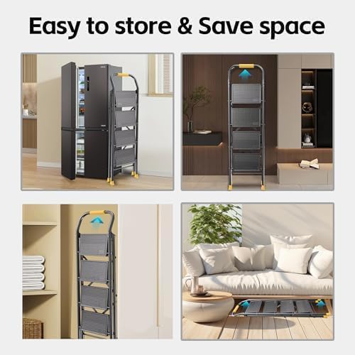 4 Step Ladder Foldable Folding Stool - for Home Adults Kitchen, Iron, Black &...