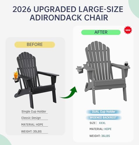 Plawdlik Oversized Folding Adirondack Chair Set of 2, Outdoor Chair, Grey