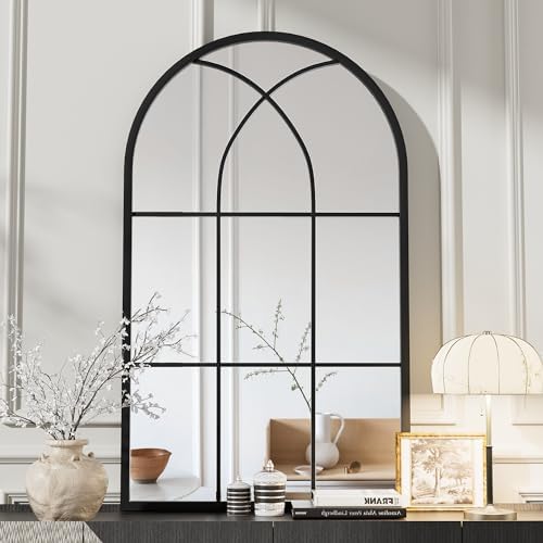 Rowjut Arched Top Window Glass Wall Mirror 42" x 24" Black Iron