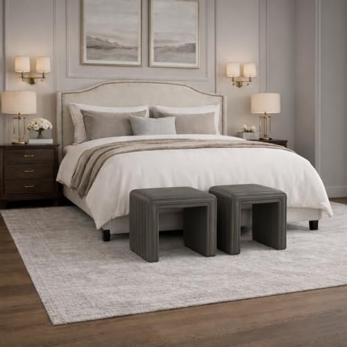 HomePop 19" Modern Channel Tufted Ottoman - Pewter Gray Faux Leather