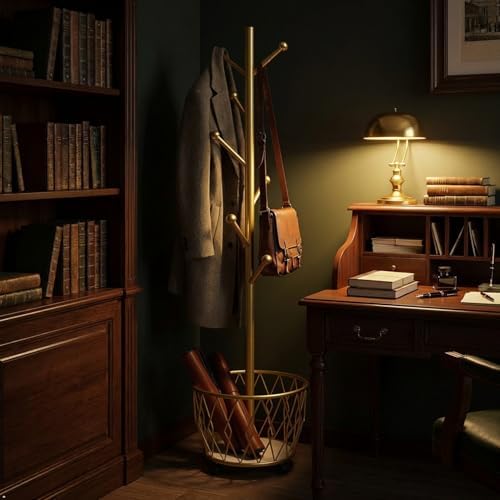 Gold Moveable Tree Metal Coat Rack with Basket Freestanding 65"