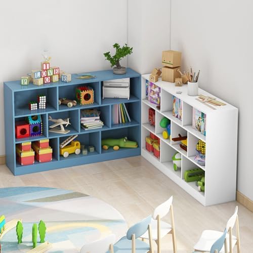 IOTXY Open Shelf Low Bookcase - Wooden 3-Tier Cube Bookshelf, Bright Blue