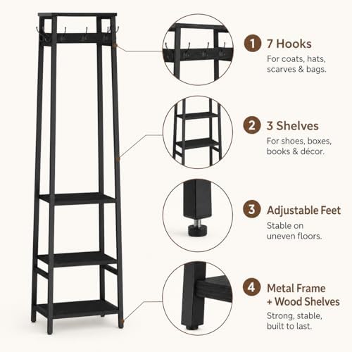 Coat Rack Freestanding with 3 Shelves and 7 Hooks