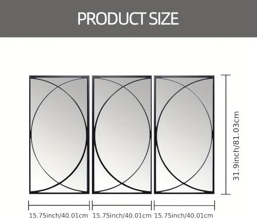 3-Piece Large Black Metal Rectangular Wall Mirror Set, Geometric Mirror