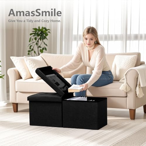 AmasSmile Footrest Ottoman Storage Bench,34" Linen Folding Chest,Black