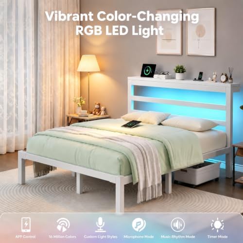 E-Motie Full Bed Frame, Storage Shelf and LED Lights Headboard, White