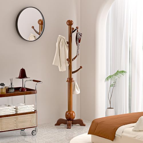 Wooden Coat Rack, 7 Hooks Freestanding Wood Coat Tree Rack with Stable Base