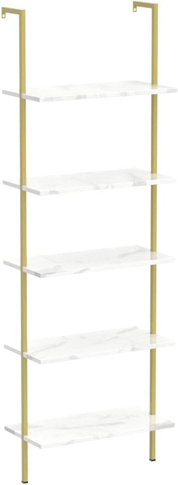 aboxoo Ladder Shelf 2PCS White Marble Bookshelf 5-Tier Wall-Mounted Wood Rack...