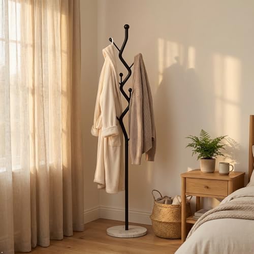 Black Tree Meta Coat Rack with Marble Base Freestanding Hall Tree