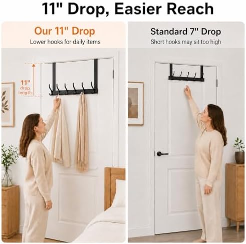 Peasulin Over The Door Hooks, 2 Pack Black 11" Long Door Hanger Racks