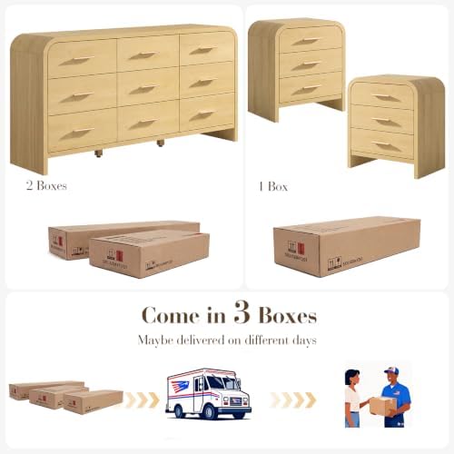 3-Piece Bedroom Set, Curved 9-Drawer Dresser&3-Drawer Nightstands