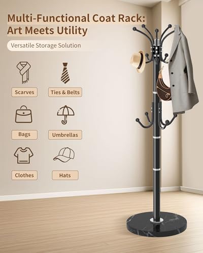 EZIVIEZ Coat Rack with 360°Rotary 14 Hooks Umbrella Holder Marble Base