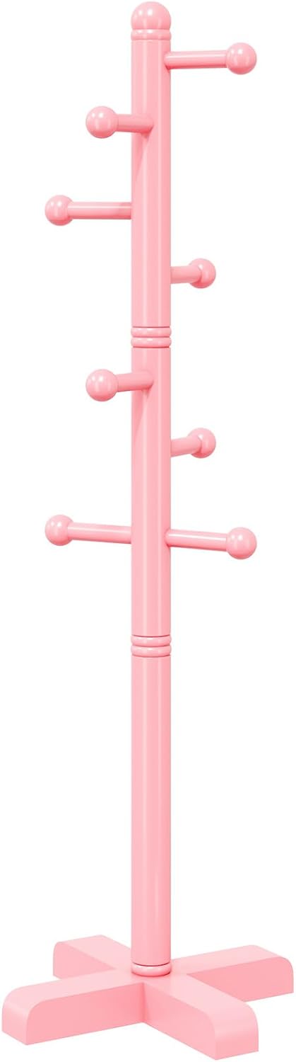 8-Hook Freestanding Wooden Coat Rack 2 Adjustable Heights Pink