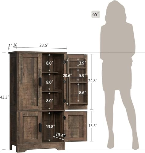 43"H Pantry Cabinet with 4 Doors, Kitchen Cabinet with 6 Door Shelves