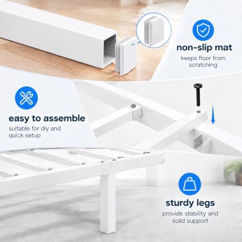 E-Motie Full Bed Frame, Storage Shelf and LED Lights Headboard, White