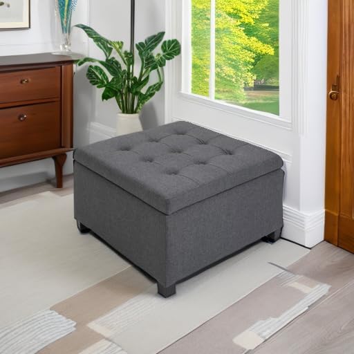 HOMCOM Storage Ottoman Coffee Table with Flip Top Seat Lid Wood Frame Gray