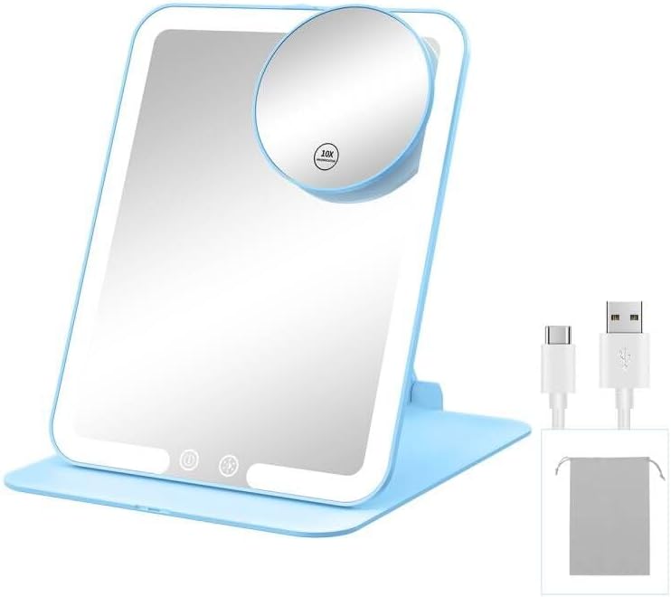 Gospire Travel Makeup Mirror with 3 Lights and Magnification 10X, Blue