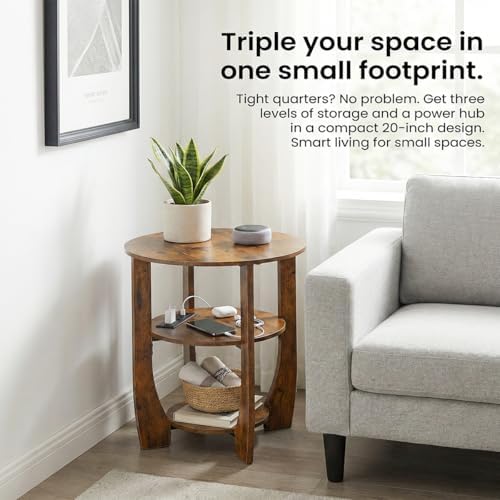 Round Side Table with Charging Station,19.7" D,Rustic Brown