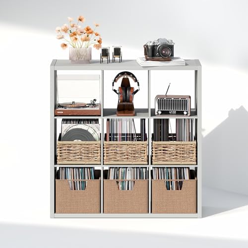 Furinno Cubicle Record Player Stand, 9-Cube Record Storage, Light Grey