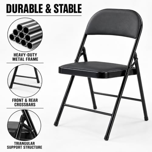 Black Folding Chairs with Cushion 6 Pack, Folding Chairs with Back Padded and...