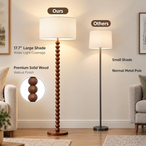 Buruis 60.6 Inch Beaded Walnut Wood Floor Lamp with Linen Shade, Cream
