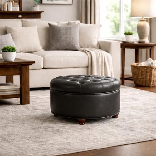 HomePop 25" Button Tufted Round Storage Ottoman - Black Faux Leather