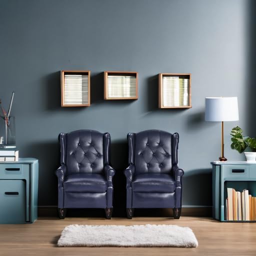 Wingback Chair, Push Back Recliner Armchair, Navy Blue, Pair