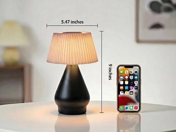 Cordless Rechargeable Small Black Bedside Touch Table Lamp,Pleated Shade