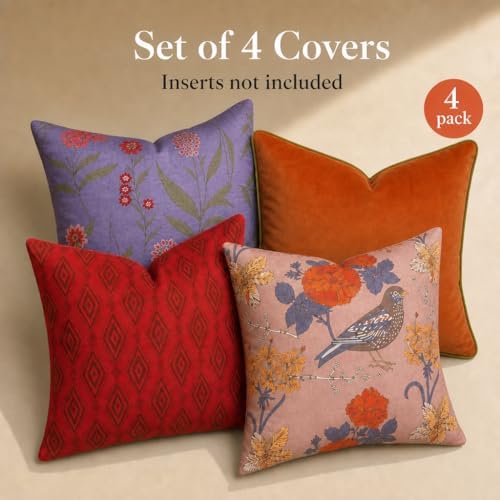 Embroidered Bold Patterned Throw Pillow Covers, 4 Pack Set, 18x18 Inch Floral...