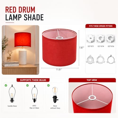 Lamp Shades Set of 2, Red Drum Lamp Shades, 11.8 x 11.8 x 7.9 Inch