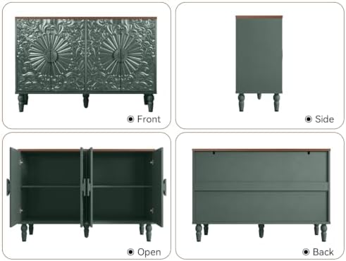 Accent Cabinet with 4 Vintage Carved Flower Doors, Green