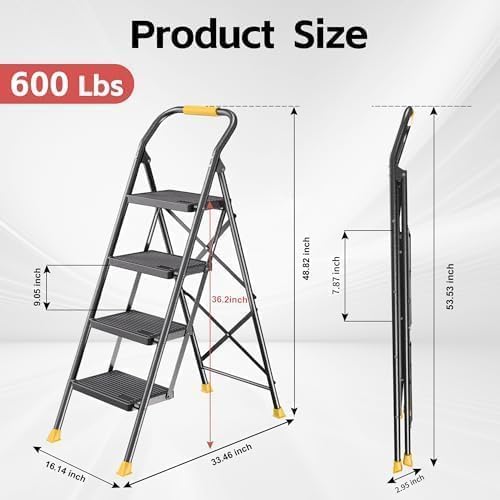 4 Step Ladder Foldable Folding Stool - for Home Adults Kitchen, Iron, Black &...