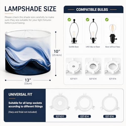 Drum Lamp Shade, Blue Ocean Wave, 13 x 13 x 10 Inch