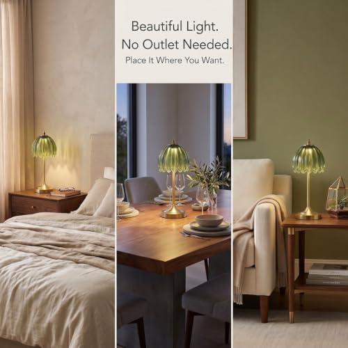 Tulip Glass Rechargeable Table Lamp, Floral Cordless Table Light(Green)