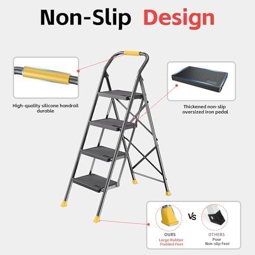 4 Step Ladder Foldable Folding Stool - for Home Adults Kitchen, Iron, Black &...