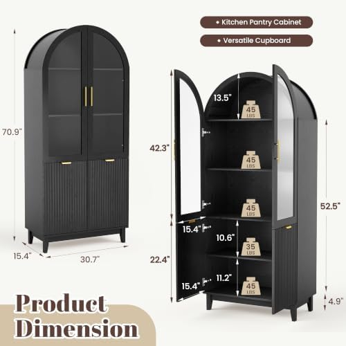 Pamapic 71" Tall Arched Cabinet with Glass Doors, Fluted Kitchen Pantry ...