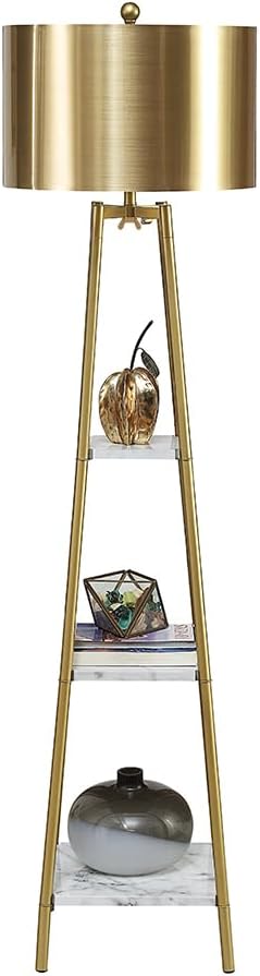 ROSEN GARDEN Floor Lamp, Standing Reading Light with Shelves and Gold Shade, ...
