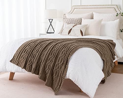 Battilo Tan Throw Blanket for Couch, 51"x67" Textured Cable Knit Bl...