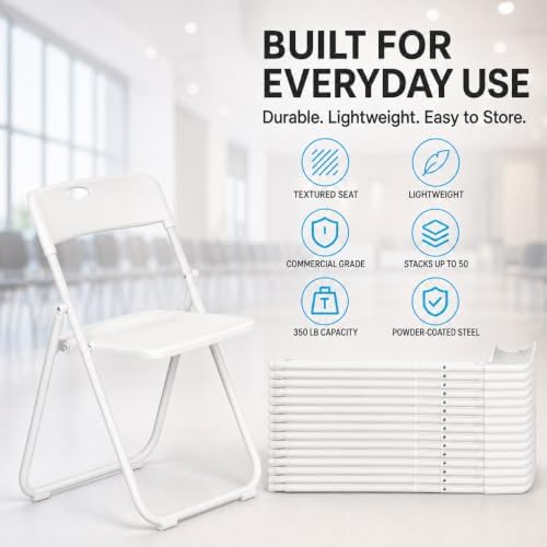 10 Pack White Plastic Folding Chairs, Portable Foldable Chair