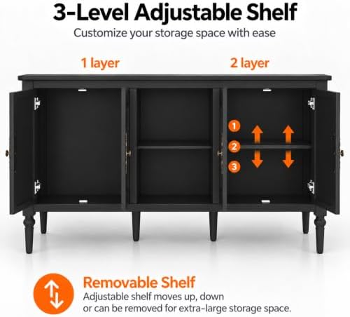 59" Vintage Sideboard Buffet Cabinet with Adjustable Shelves, Black