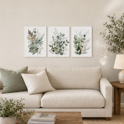 Bwodke Sage Green Botanical Canvas Wall Art Set of 3, 12x16 inch
