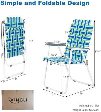 VINGLI Patio Lawn Webbed Folding Chairs 1 Piece, Outdoor Beach Chair Portable...