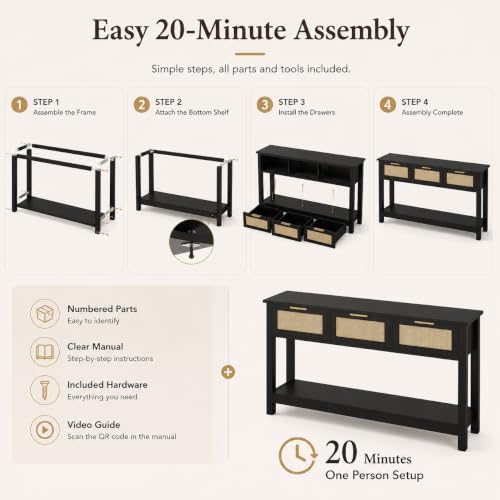 Luoxiao Rattan Console Table 3-Drawer 47" Narrow Black Entryway Sofa Table