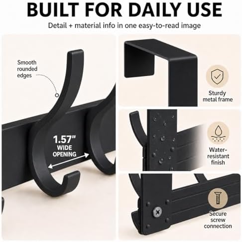 Peasulin Over The Door Hooks, 2 Pack Black 11" Long Door Hanger Racks