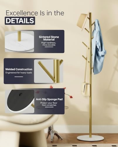 Coat Rack with 8 Hooks, 3 Adjustable Heights, Modern Hall Tree, Sturdy Metal ...