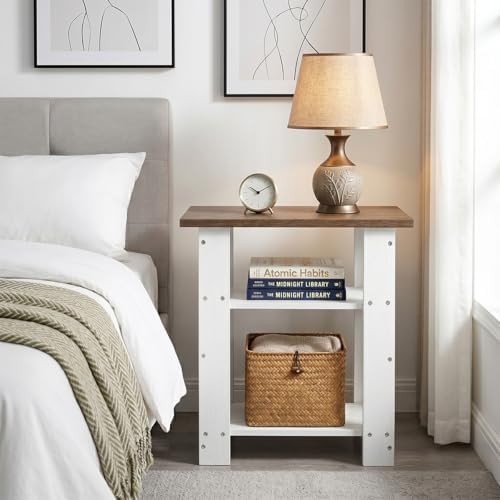 White Side Table with Oak Top, 3 Tier Farmhouse End Table, 22.8" H